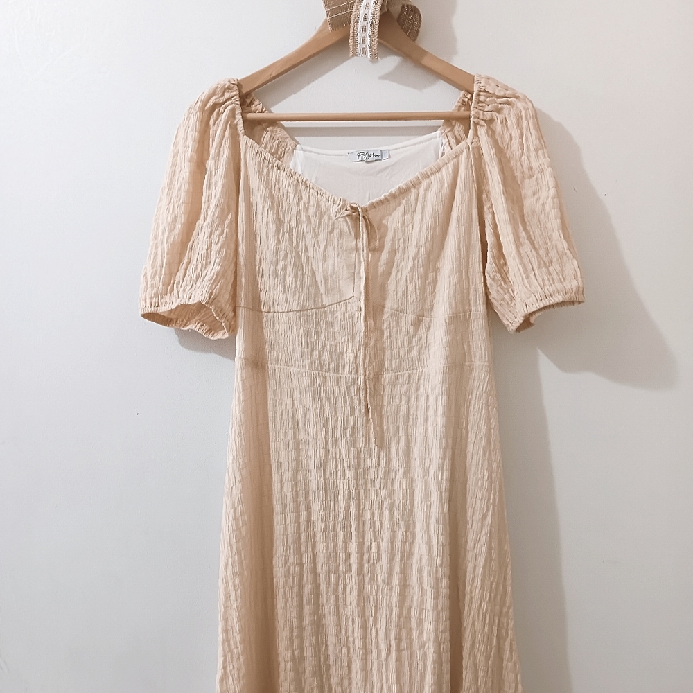 Roolee Polagram Cream Textured Puff Sleeve Midi Dress